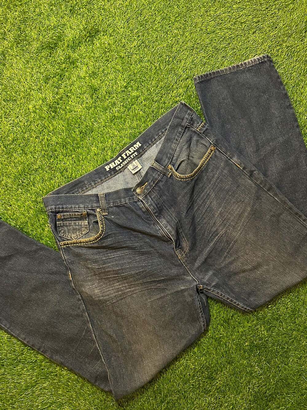 Y2K Phat Farm Classic Fit Jeans, Size 38x34, Dark Wash, Embroidered Back Pockets